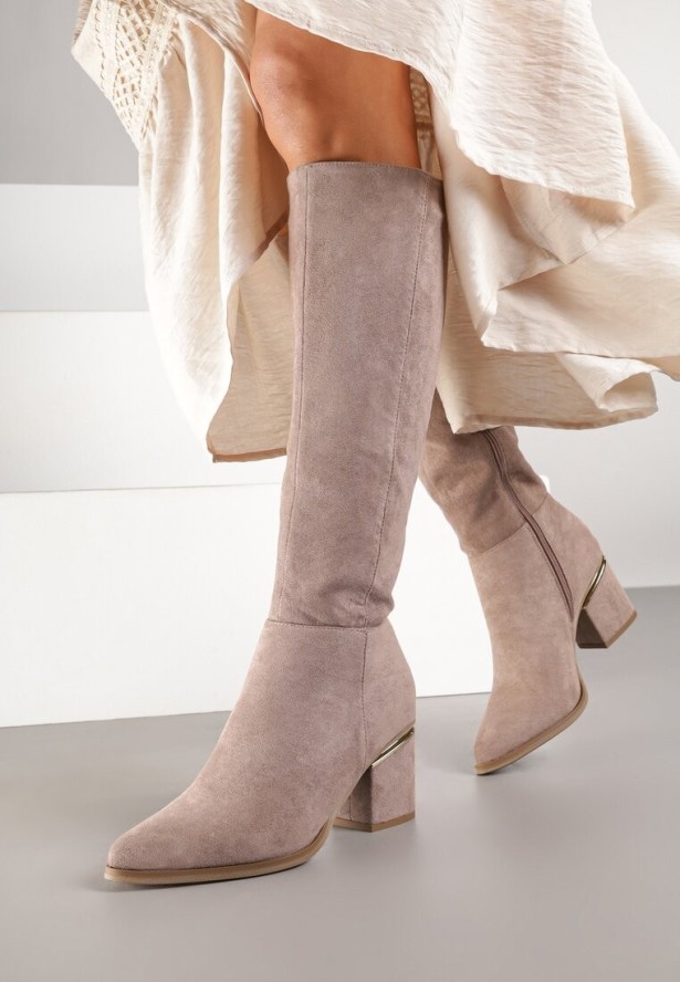 Ciemnobeżowe Kozaki na Słupku z Cholewką Przed Kolano Herdana