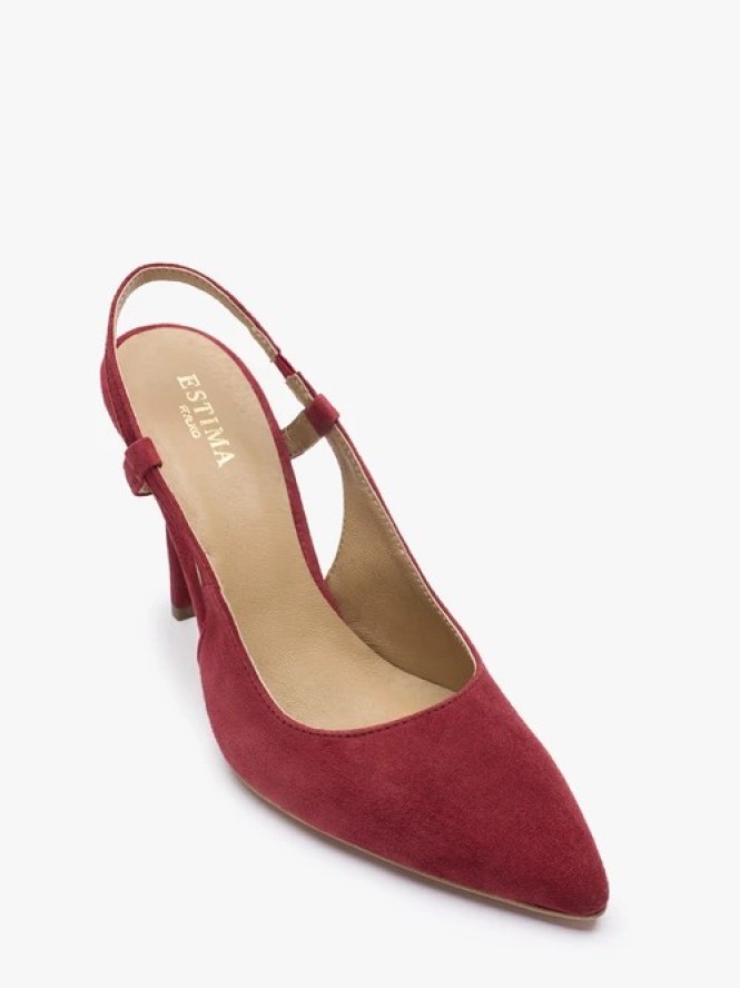 Bordowe czółenka slingback bez pięty ze skóry welurowej