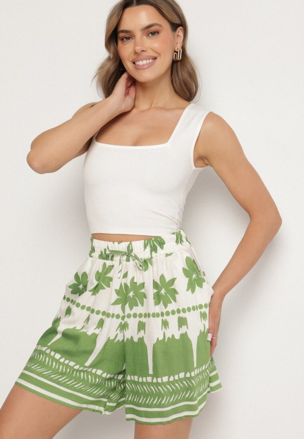 Biało-Zielone Wiskozowe Szorty w Abstrakcyjny Wzór Evintta