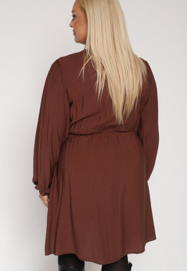 Brązowa Kopertowa Sukienka z Wiskozą z Wiązaniem w Pasie Vidila