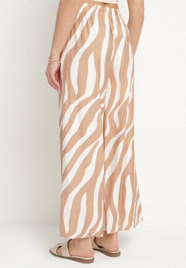 Beżowo-Białe Szerokie Spodnie z Wysokim Stanem z Paskami Lisavitia