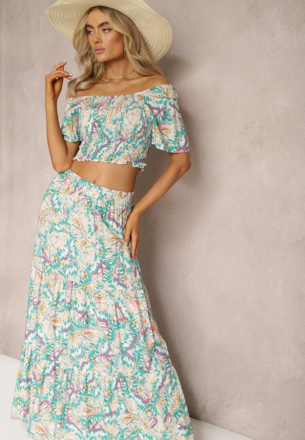 Zielono-Beżowy Wiskozowy Komplet na Lato Bluzka Hiszpanka i Długa Spódnica Lawn