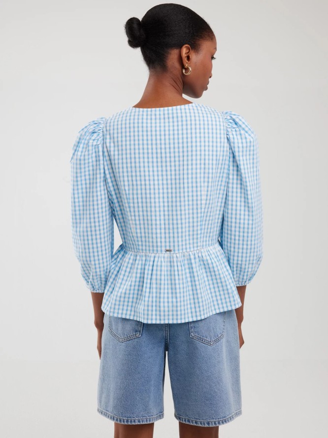 Bluzka damska z baskinką w drobną kratkę niebieska Sori 401