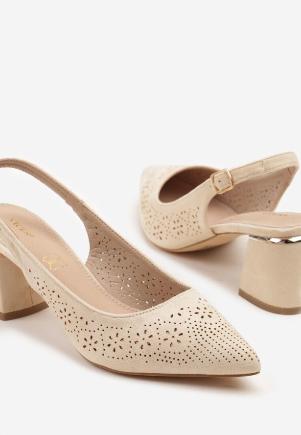 Beżowe Ażurowe Sandały Vices na Obcasie Bez Pięty ze Skórzaną Wkładką Iffilissea