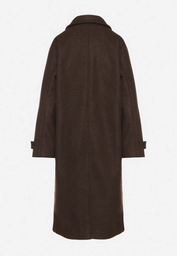 Brązowy Jednorzędowy Płaszcz z Wełną i Wiskozą w Stylu Trencza Lutila