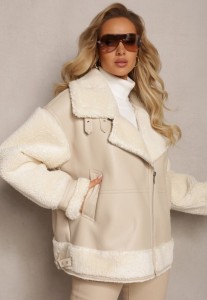 Jasnobeżowa Kurtka Ramoneska z Futerkiem Mysteri