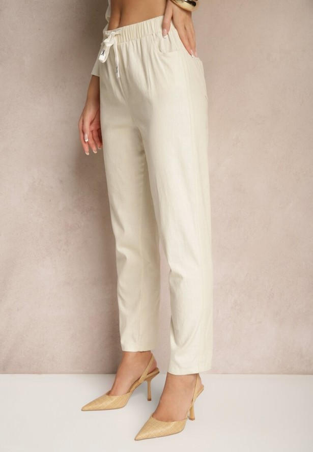 Beżowe Spodnie z Bawełny Ozdobione Wiązaniem Zentebis