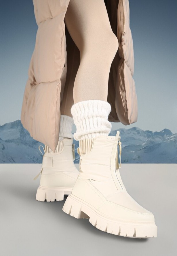 Beżowe Śniegowce na Grubej Podeszwie z Suwakiem Cresandi