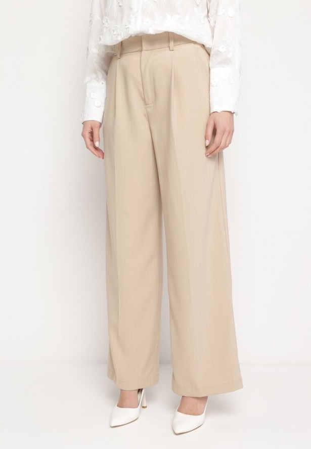 Beżowe Spodnie w Stylu Pallazo z Prostymi Szerokim Nogawkami w Delikatne Paski Ledanne