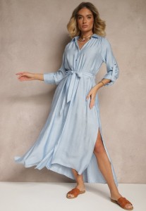 Niebieska Sukienka Koszulowa z Wiskozą Ozdobiona Paskiem Cleonira