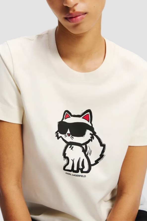 KARL LAGERFELD Beżowy damski t-shirt Ikon Sketch Choupette, Rozmiar XS
