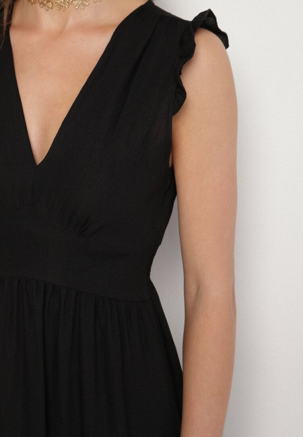 Czarna Wiskozowa Sukienka z Falbankami Sadoline