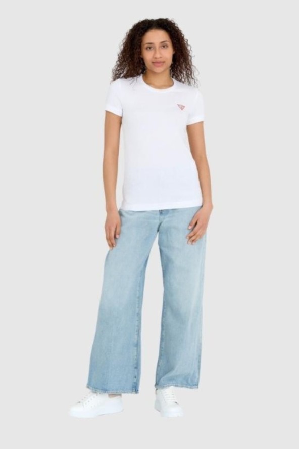 GUESS Biały damski t-shirt bawełniany Mini Triangle Tee, Rozmiar XS