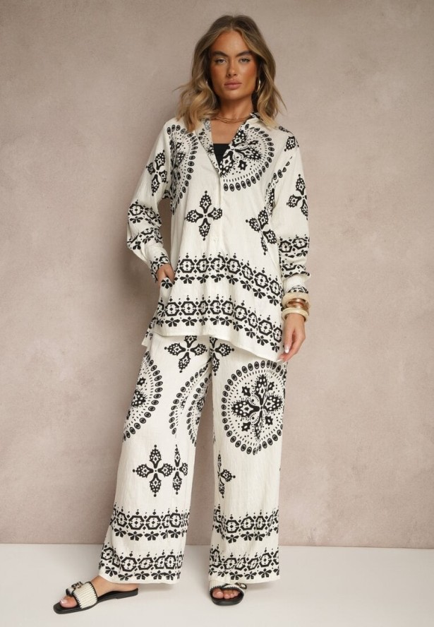 Beżowo-Czarny Komplet z Wiskozy w Ornamentalny Print Koszula i Szerokie Spodnie Pasniela