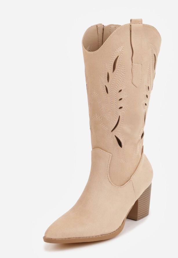 Beżowe Botki Typu Kowbojki VICES na Obcasie z Ażurową Cholewką Eranata
