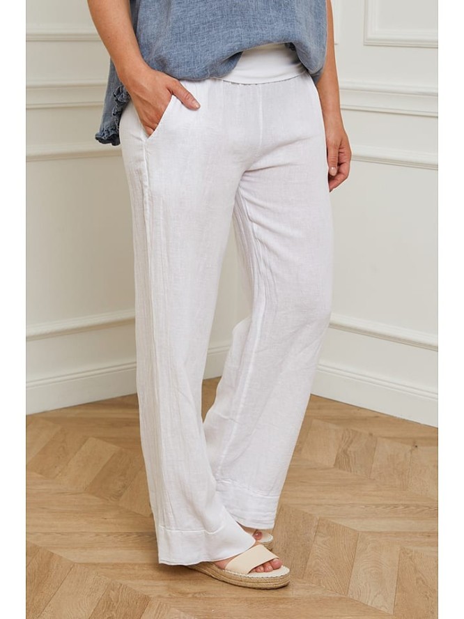 Curvy Lady Lniane spodnie "Valencia" w kolorze białym rozmiar: 44/46