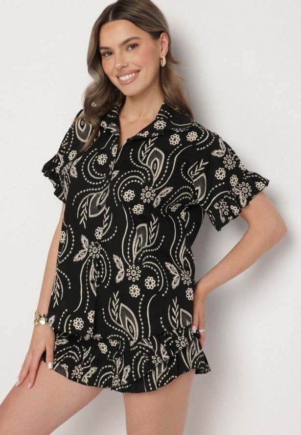 Czarny Bawełniany Komplet Koszula z Wiązaniem i Spódnico-Szorty z Nadrukiem Iffarina