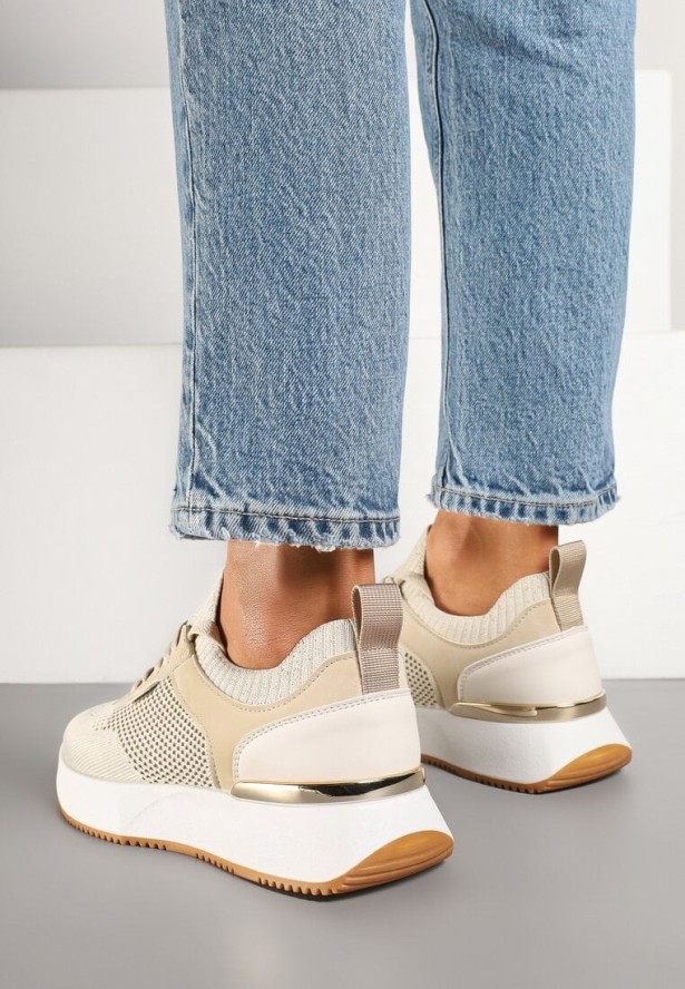 Beżowe Sneakersy z Siateczkową Cholewką Saramis