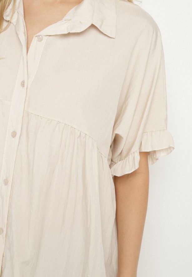 Jasnobeżowa Koszula z Wiskozą i Ozdobnymi Falbankami Emeleldi