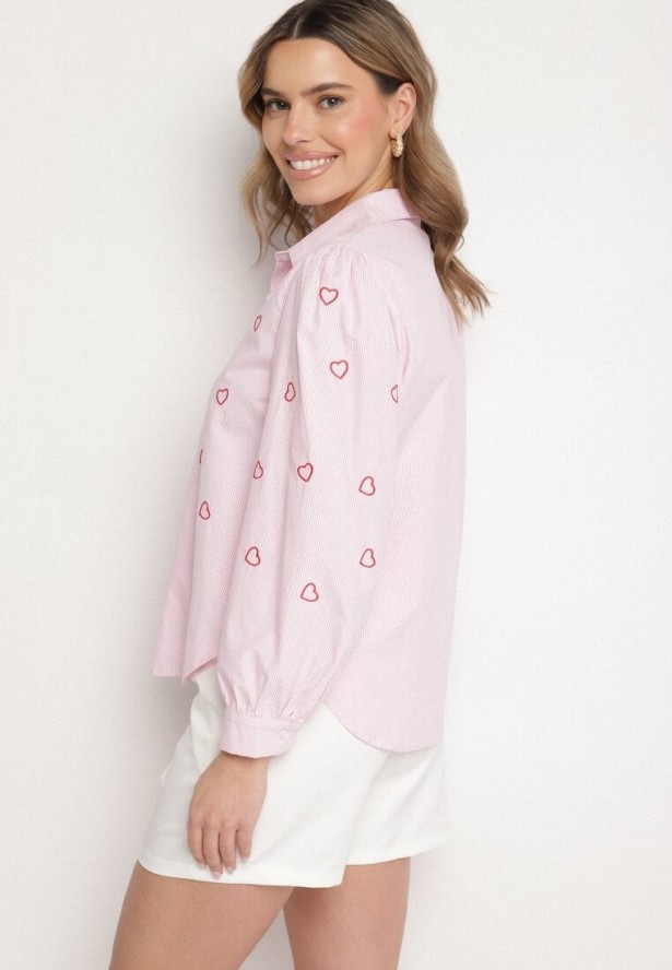 Różowa Bawełniana Koszula z Ozdobnym Haftem Doviene