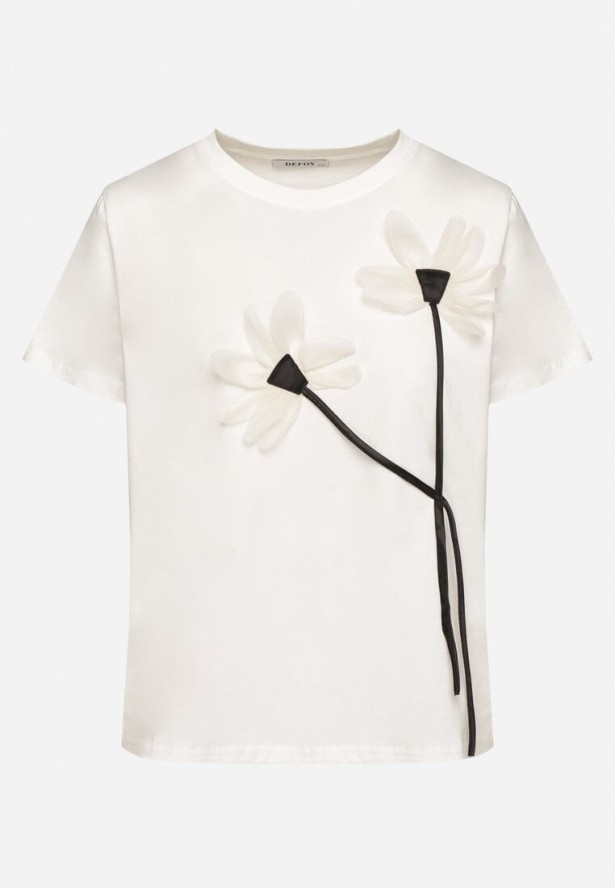Biały T-shirt z Bawełny Ozdobiony Kwiatami Marionis