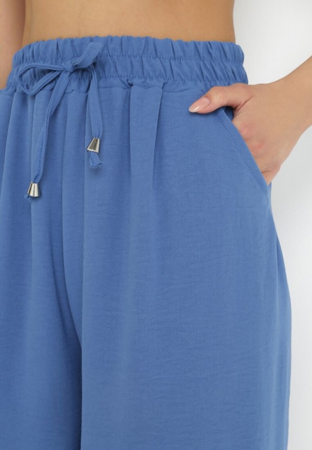 Granatowe Szerokie Spodnie z Gumką w Pasie Sliverta