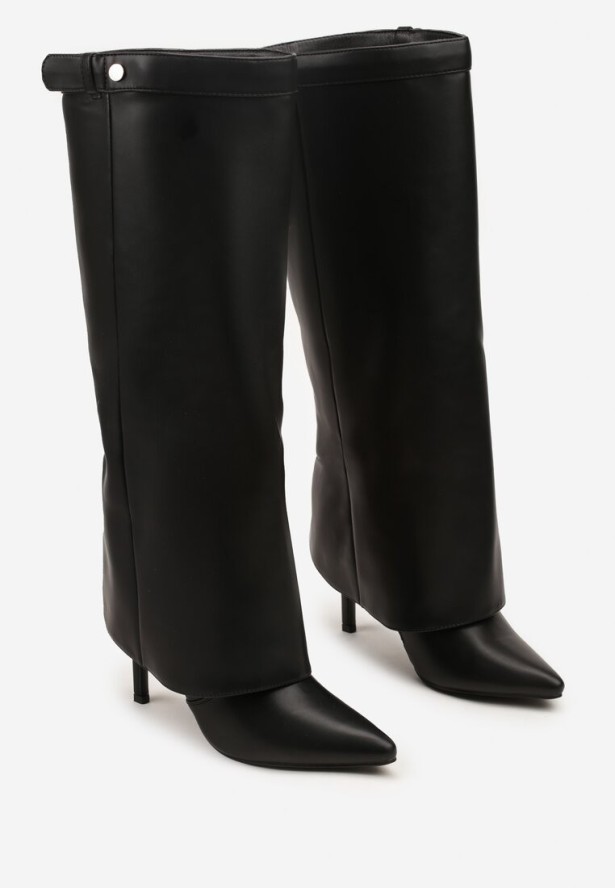 Czarne Kozaki na Obcasie Typu Szpilka z Wywiniętą Cholewką Lavemesse