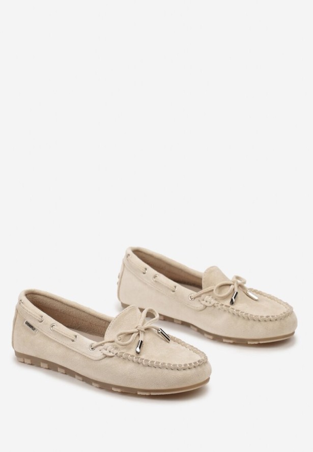 Beżowe Mokasyny z Ozdobną Kokardką i Wiązaniami po Bokach Vimedia