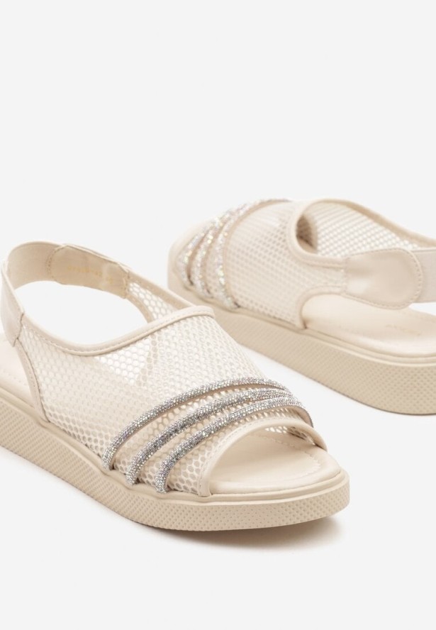 Beżowe Sandały Vices z Siateczki Ozdobione Cyrkoniami Telalisea