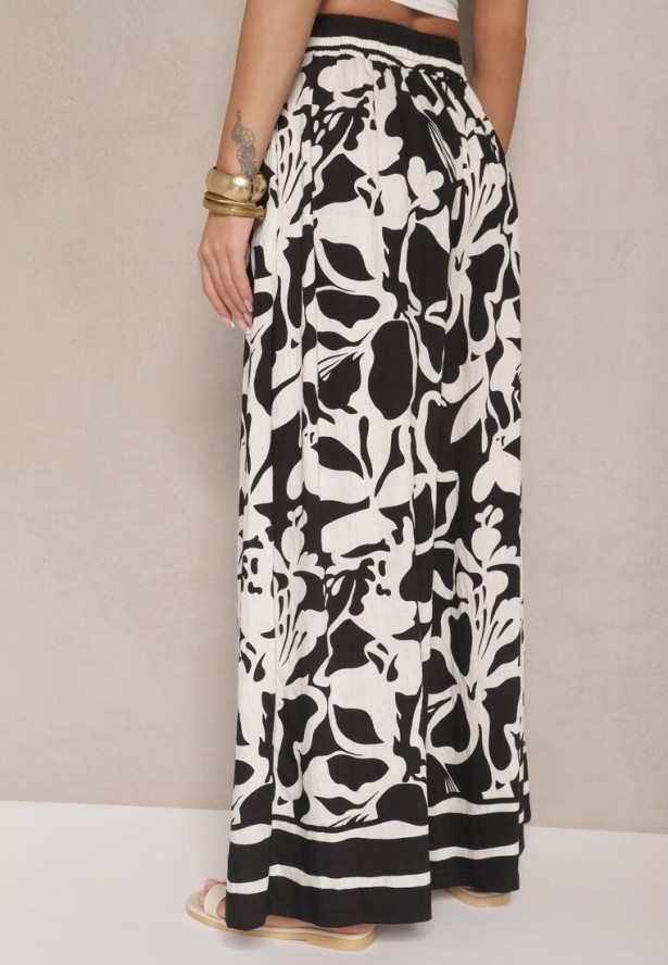 Czarne Spodnie o Szerokim Kroju High Waist w Kwiaty Nelrive