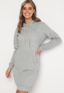 Jasnoszara Tunika Bluza z Bawełną Kapturem i Sznurkami Mivilora