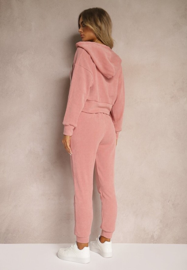 Różowy Komplet Dresowy z Dodatkiem Bawełny Spodnie z Gumką w Talii Bluza z Kapturem Sesaria
