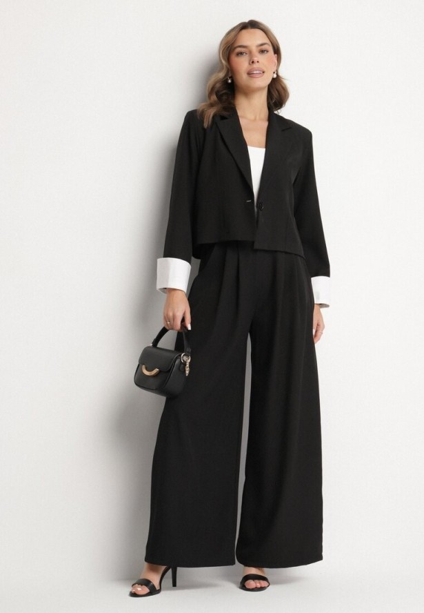 Czarny Komplet Garniturowy Marynarka i Spodnie z Kontrastowymi Wstawkami Daviraya