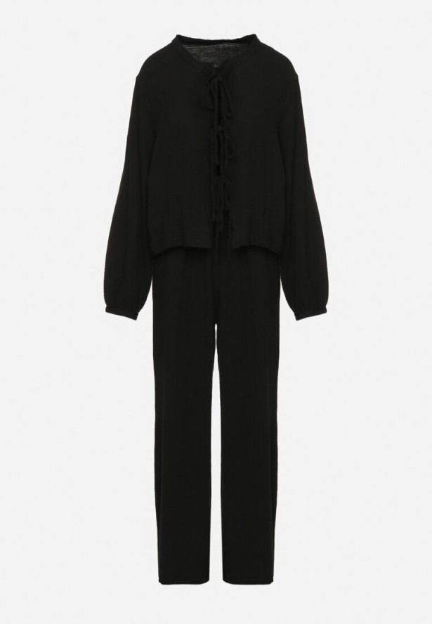 Czarny Bawełniany Komplet Bluzka z Wiązaniem i Spodnie Palionis
