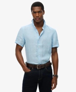 superdry Koszula Vacation Linen krótki rękaw 100% len Sea Blue Chambray