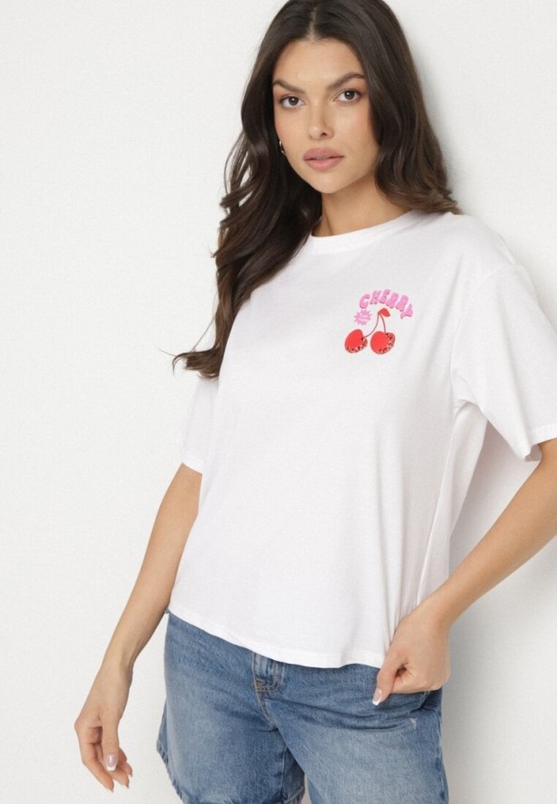 Biały T-shirt z Bawełną Cyrkoniami i Motywem Wiśni Linmira