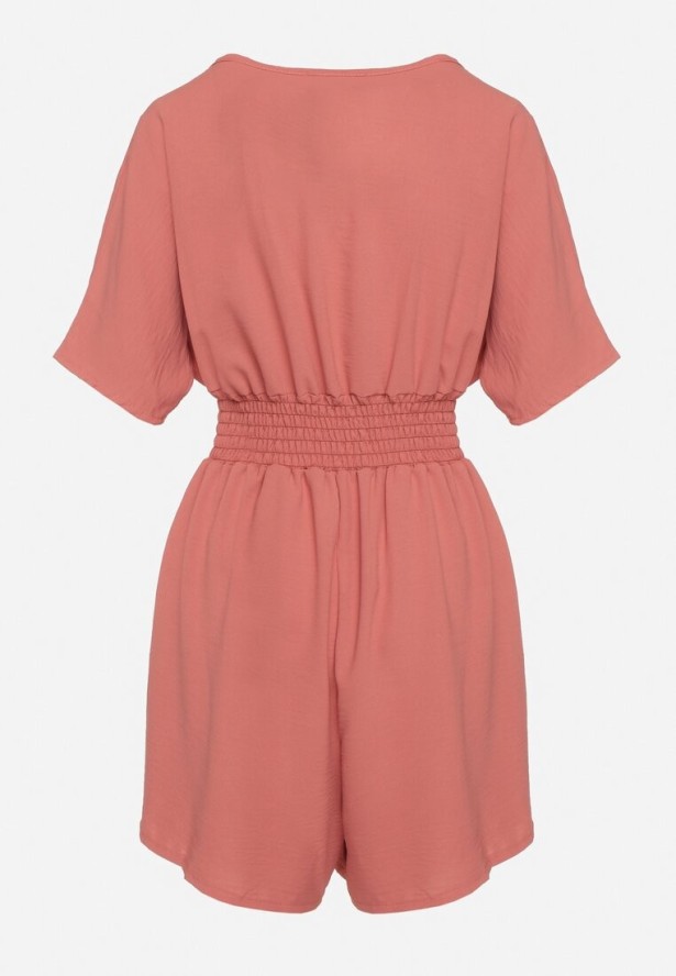 Różowy Kombinezon z Zakładkowym Dekoltem i Gumką w Talii Belandrea