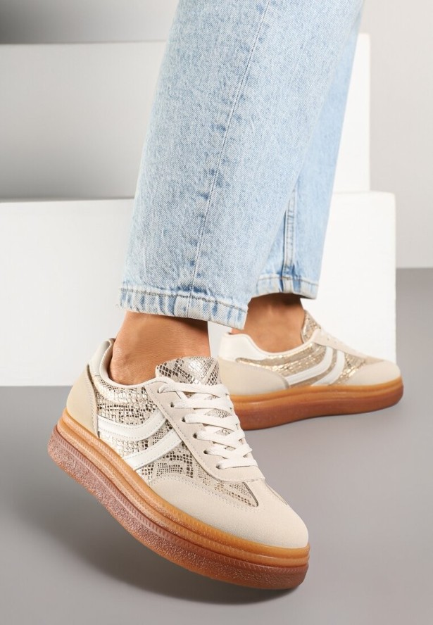 Beżowe Wężowe Sneakersy w Stylu Klasycznych Tenisówek na Grubej Podeszwie Grelritia