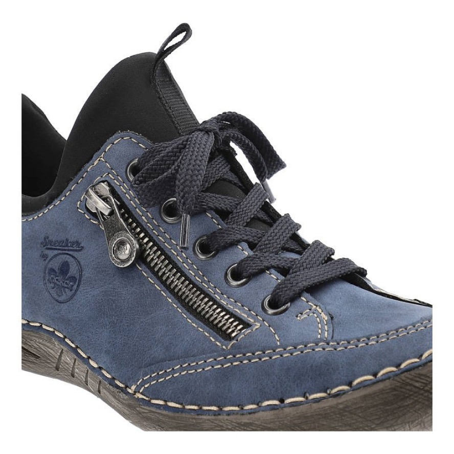 Półbuty damskie Rieker, skórzana cholewka o matowym wykończeniumiękka konstrukcjapłaska podeszwa, blau kombi, 52573-14