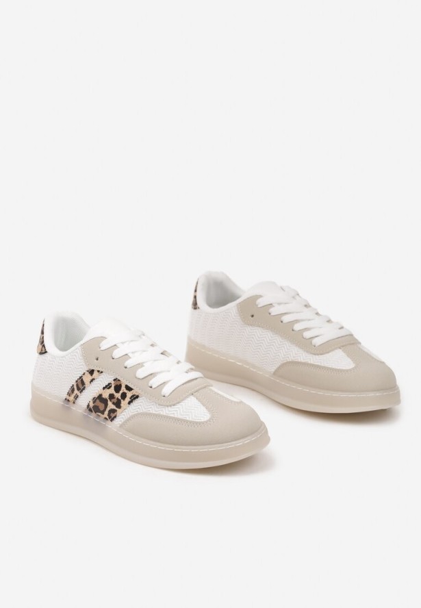Beżowe Sneakersy w Stylu Tenisówek z Paskami w Panterkę Eleaniria