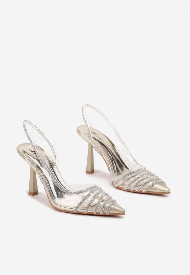 Złote Szpilki Transparentne z Noskiem w Szpic Zdobione Cyrkoniami Feloril