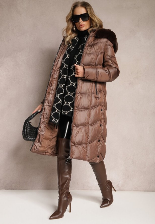 Brązowa Kurtka Płaszcz za Kolano z Pikowaniem i Odpinanym Kapturem Calarin