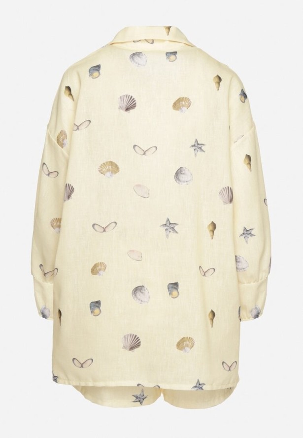 Żółty Komplet z Wiskozą Koszula i Szorty z Motywem Morskim Reivienne