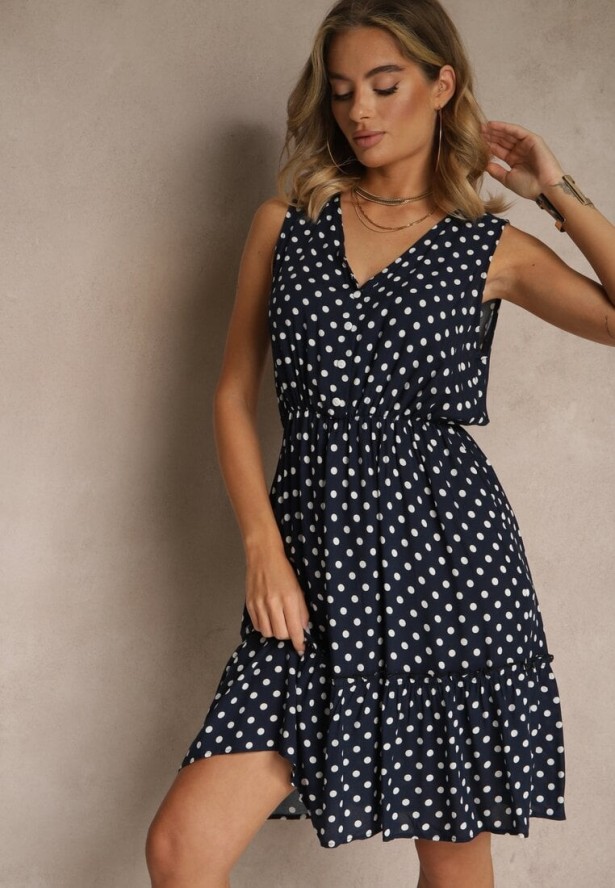 Granatowa Rozkloszowana Sukienka z Bawełną i Wiskozą ze Wzorem Kropek Lilamora
