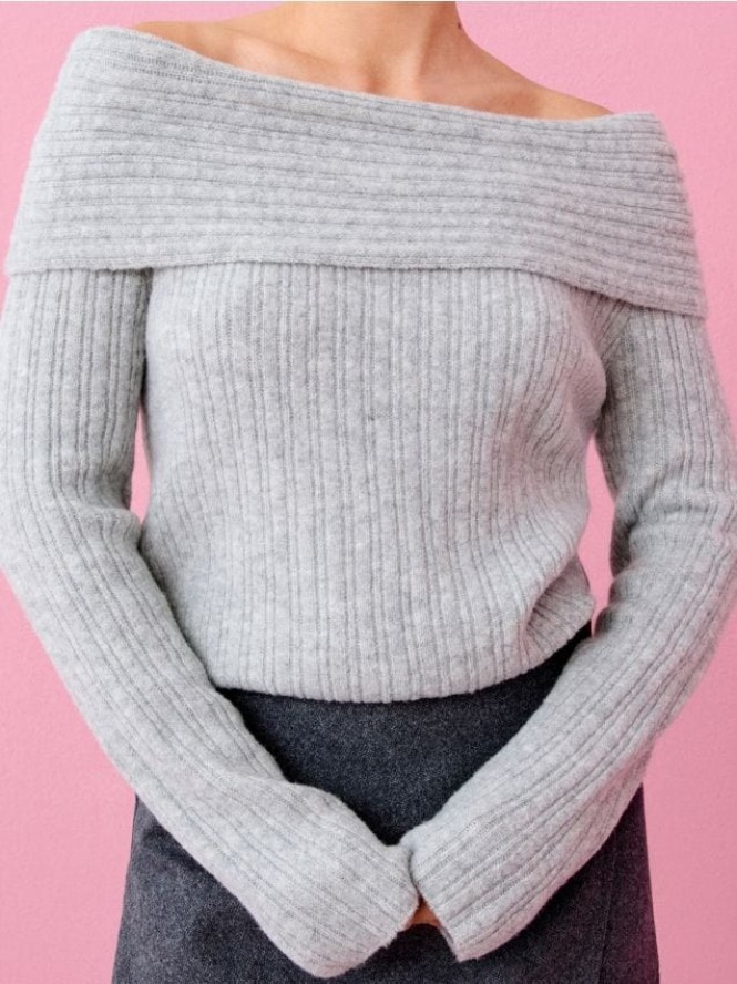Sweter z odkrytymi ramionami i domieszką wełny - szary