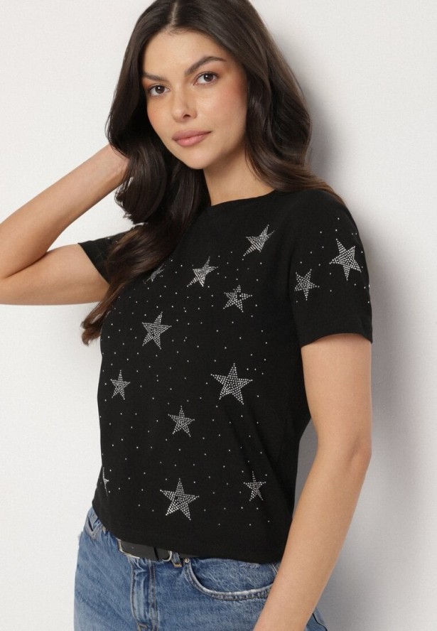Czarny Bawełniany T-shirt z Cyrkoniowymi Aplikacjami w Gwiazdki Tenivella