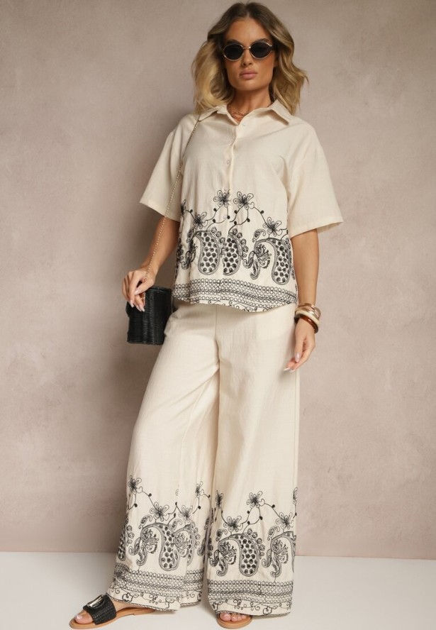 Beżowy Wiskozowy Komplet z Kwiatowym Zdobieniem Koszula i Szerokie Spodnie Mevilene
