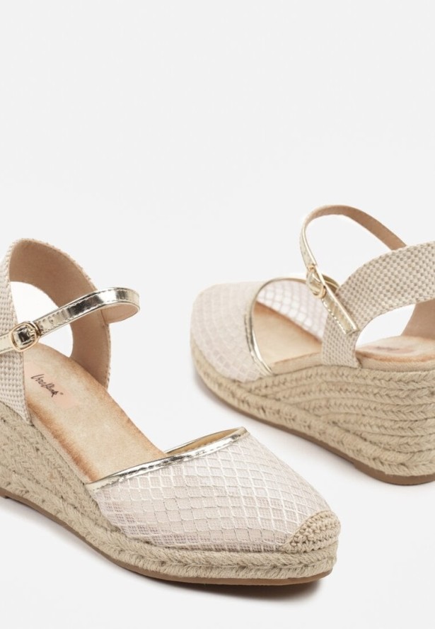 Złote Sandały Espadryle na Koturnie z Plecionki z Siateczką Meranisea