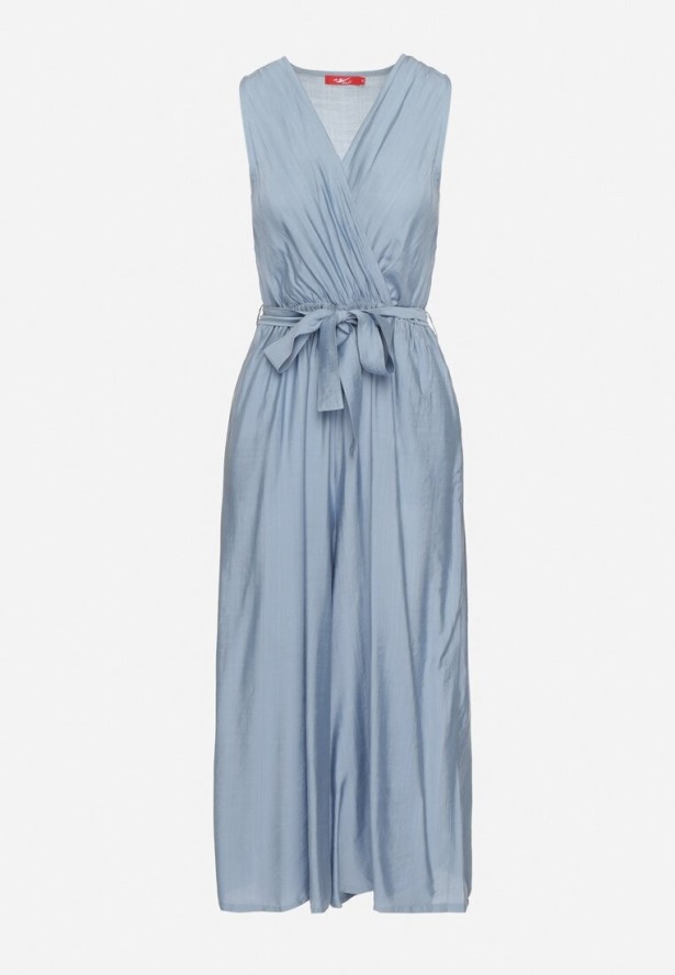 Niebieski Taliowany Kombinezon z Wiskozą i Paskiem Evithrae