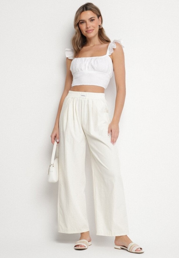 Jasnobeżowe Szerokie Spodnie z Bawełną Wysokim Stanem i Naszywką Nannirea